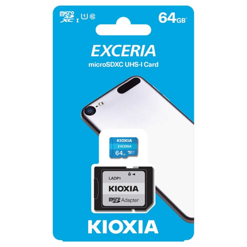 Cartão Memória Kioxia Exceria C10 UHS-I U1 microSDHC 64GB + Adaptador SD 2