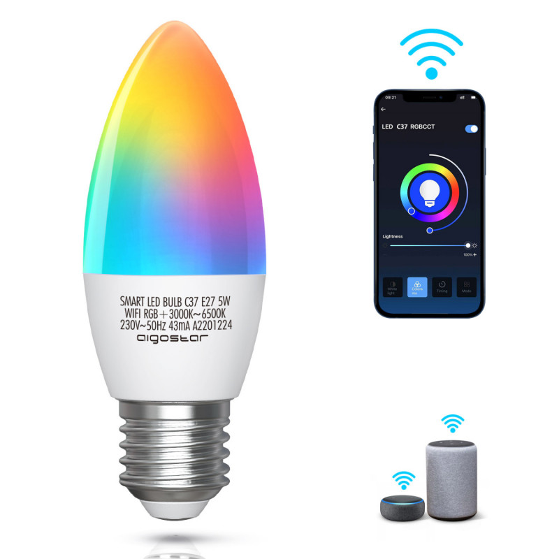 Lâmpada Smart LED WiFi RGB+CW E27 C37 5W Aigostar 1