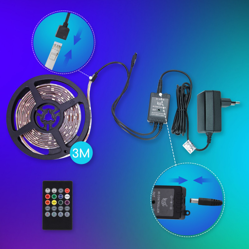 Fita Led RGB 3 Metros Aigostar 3000K c/ Controlo Remoto + Sincronização Música 3