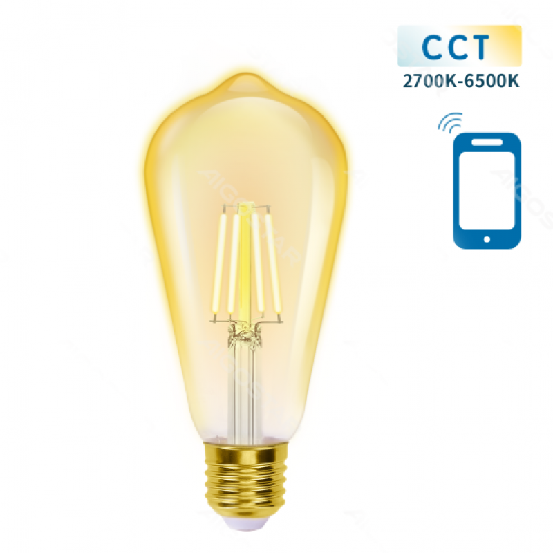 Lâmpada Filamento Smart LED WiFi + Bluetooth CCT E27 ST64 6W Aigostar 1