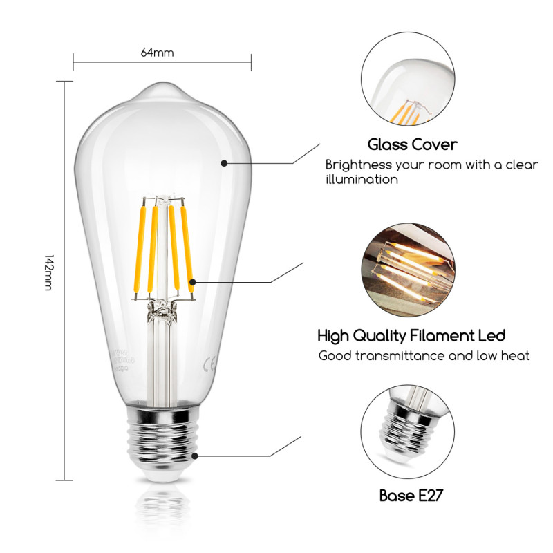 Lâmpada Filamento Smart LED WiFi + Bluetooth CCT E27 ST64 6W Aigostar 4