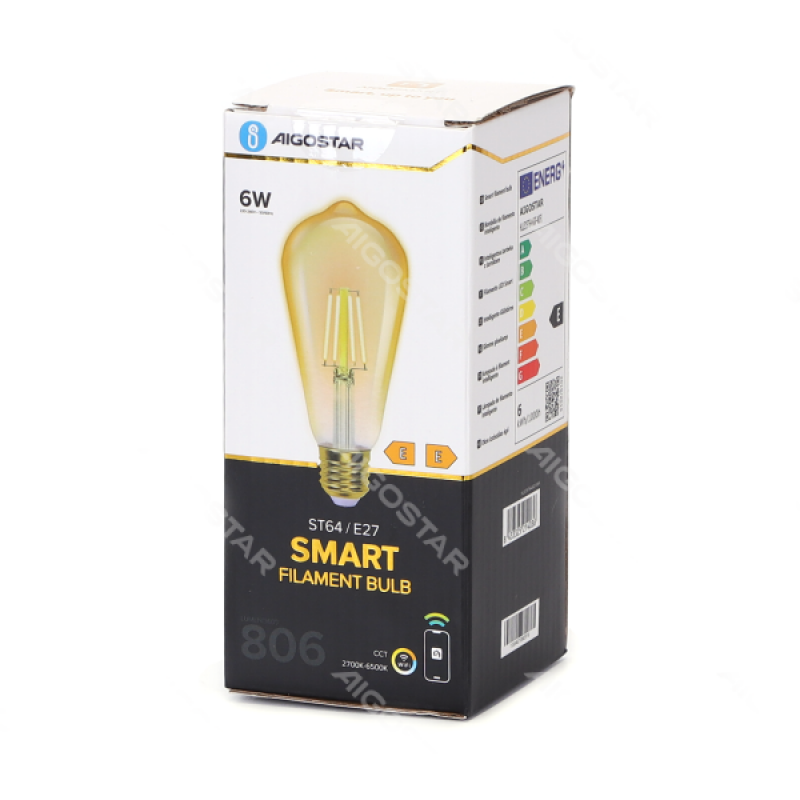 Lâmpada Filamento Smart LED WiFi + Bluetooth CCT E27 ST64 6W Aigostar 5