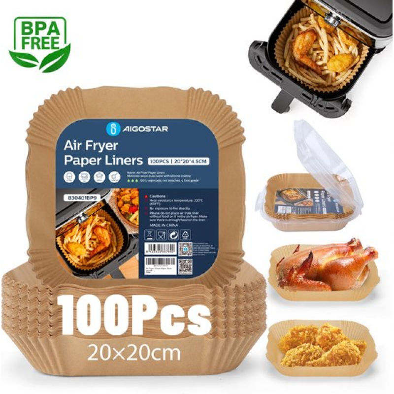 Pack 100 Unidades Forros Papel Revestidos Silicone Dupla Face Aigostar para Airfryer 6