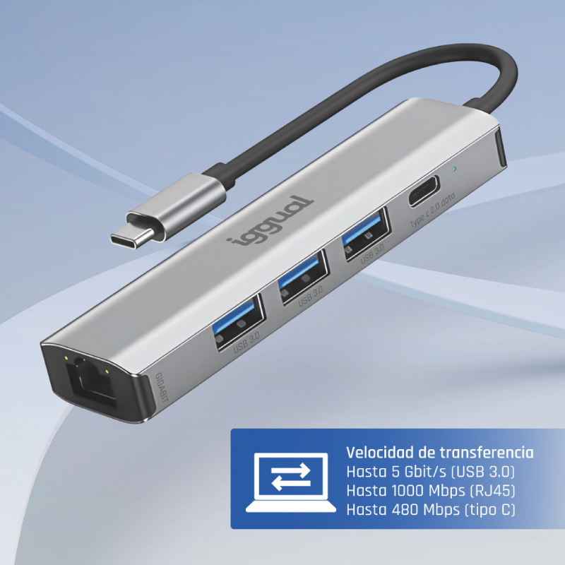 Hub TYPE-C 5 Portas 3xUSB + RJ45 + Type-C Iggual 2