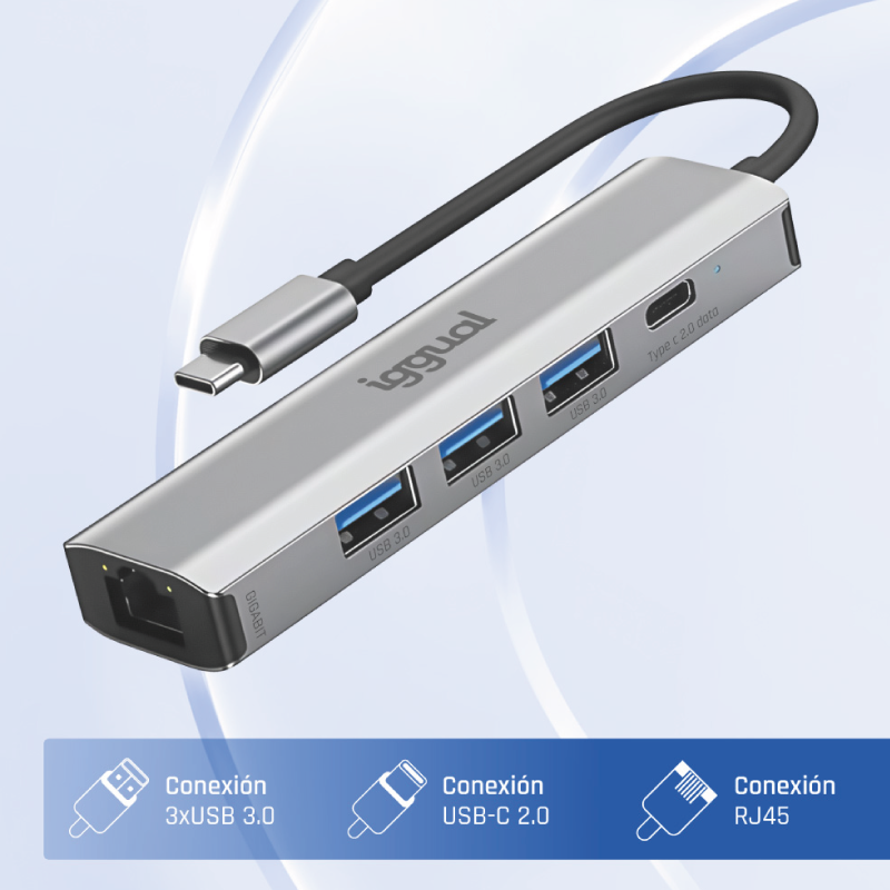 Hub TYPE-C 5 Portas 3xUSB + RJ45 + Type-C Iggual 3
