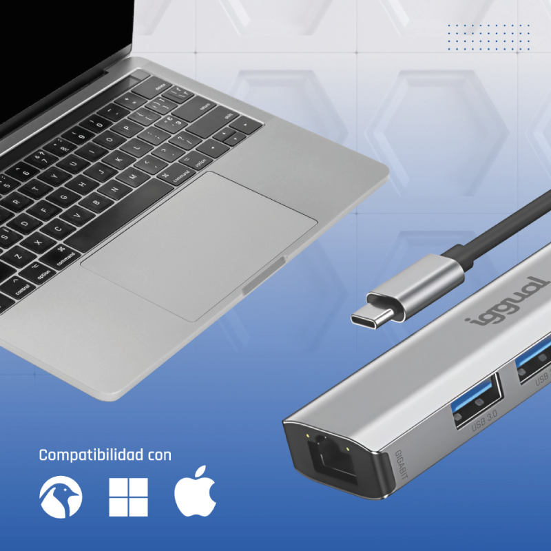 Hub TYPE-C 5 Portas 3xUSB + RJ45 + Type-C Iggual 4
