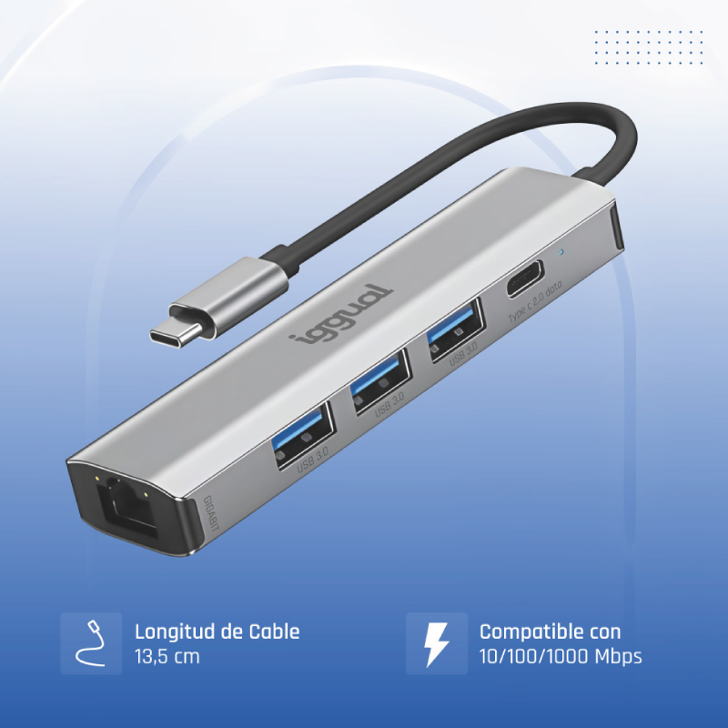 Hub TYPE-C 5 Portas 3xUSB + RJ45 + Type-C Iggual 5
