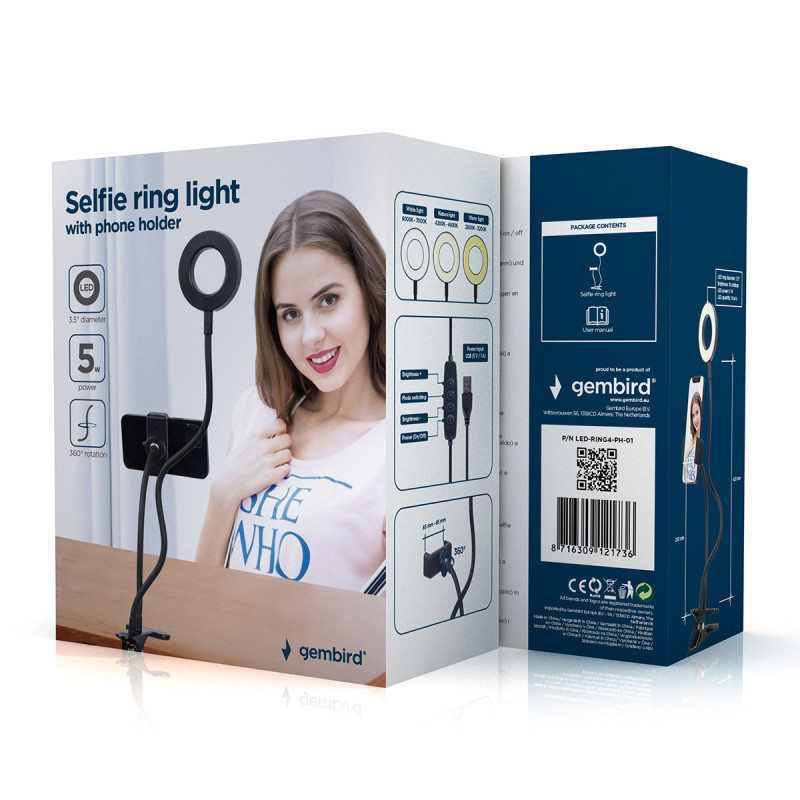 Anel de Luz p/ Smartphone c/ Suporte Gembird 2